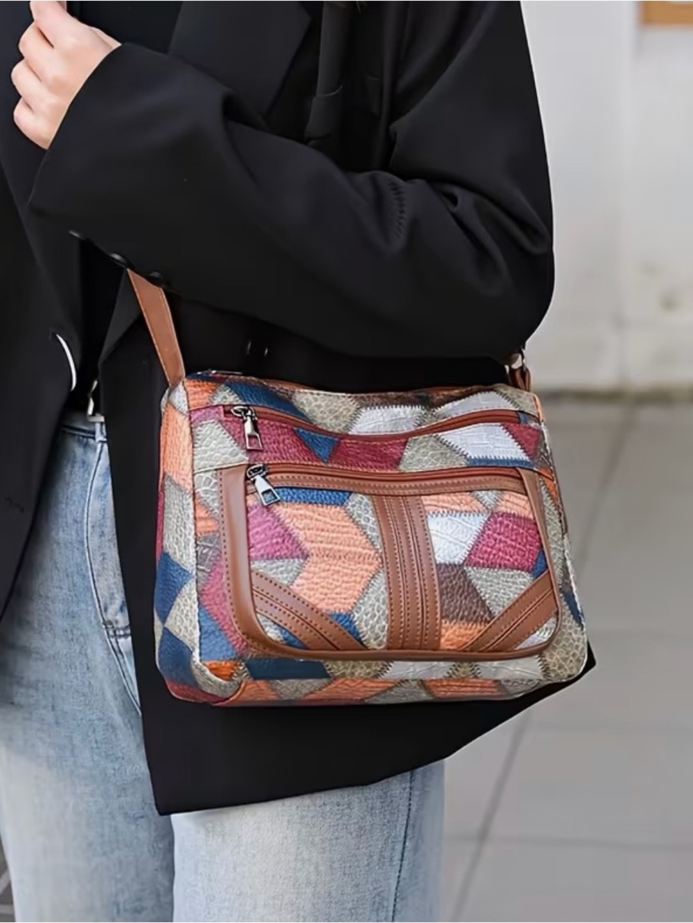 KIYOE Geometric Multi-Color Crossbody Bag with Brown Trim
